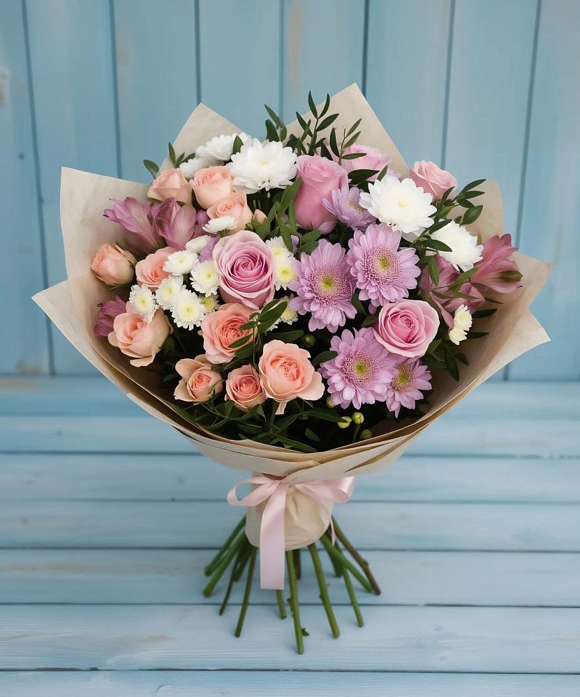 Букет цветов из: Хризантемы, Розы и Альстромерии в Кедровом Красноярского края