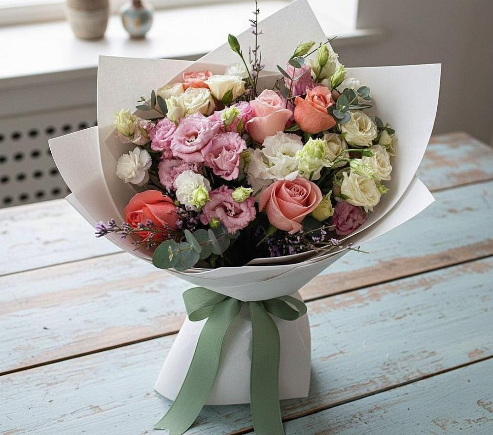 Букет цветов из: Розы, Лизиантусы и Гвоздики в Кедровом Красноярского края