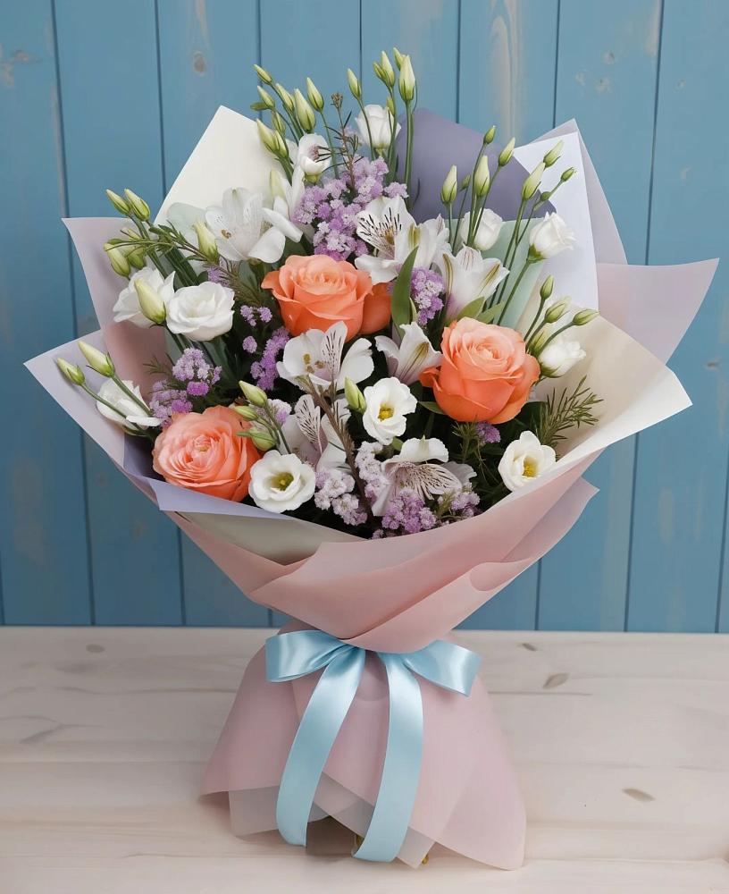 Букет цветов из: Лизиантусы, Розы, Альстромерии и Гипсофила в Кедровом Красноярского края