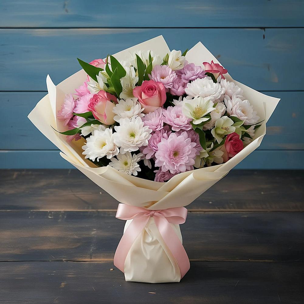 Букет цветов из: Хризантемы, Альстромерии и Розы в Кедровом Красноярского края